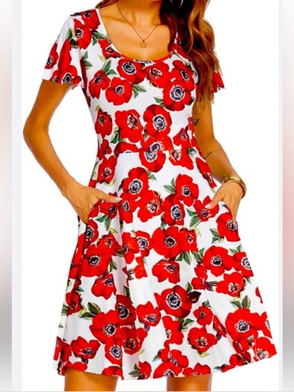Acevog Red Floral Scoop-Neck Midi Dress